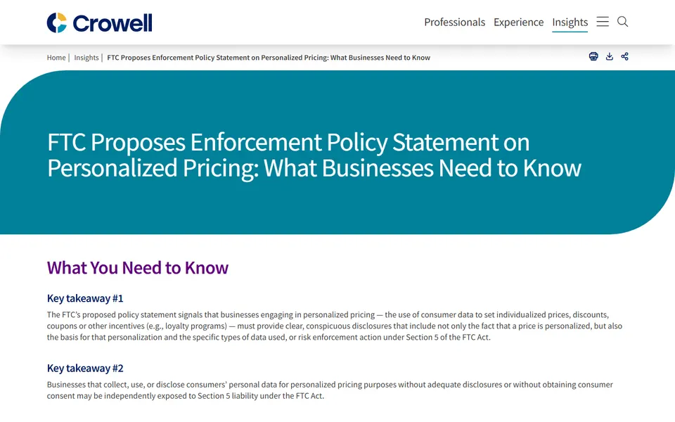 Crowell & Moring client alert page on the FTC’s proposed personalized pricing enforcement policy statement.